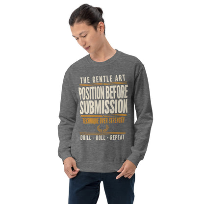 Position Before Submission Brazilian jiu jitsu sweatshirt — Graphite Heather, on model
