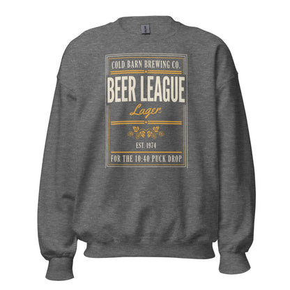 Beer League Cold Barn Brewing lager crewneck sweatshirt — Graphite Heather, front
