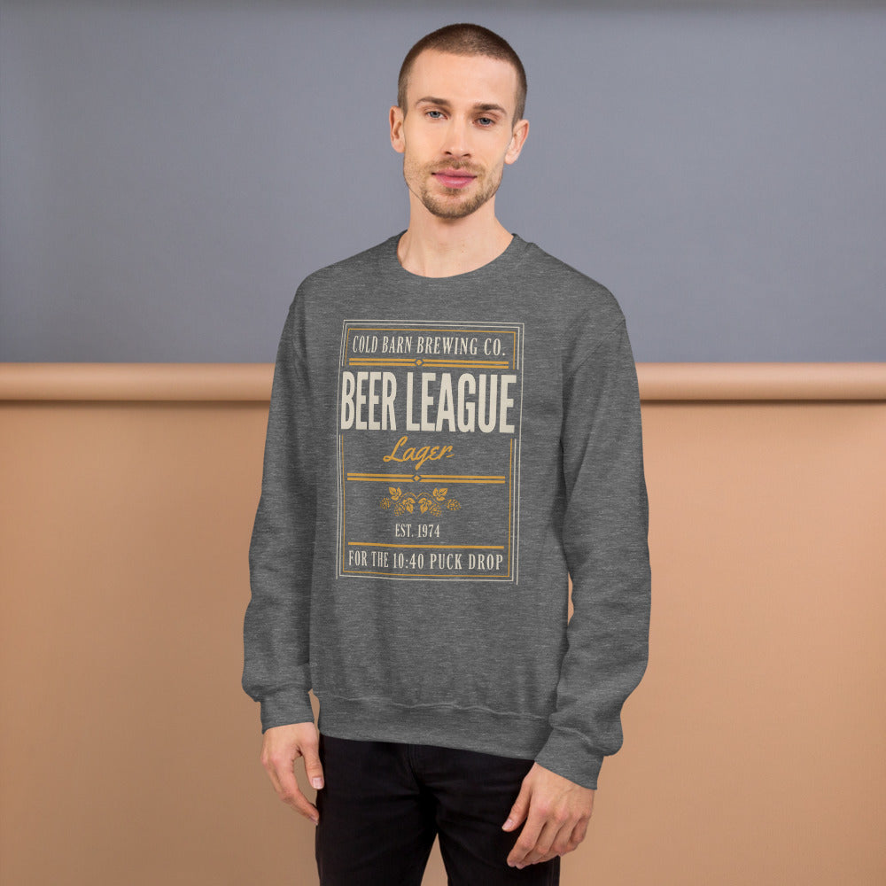 Beer League Cold Barn Brewing lager crewneck sweatshirt — Graphite Heather, on model