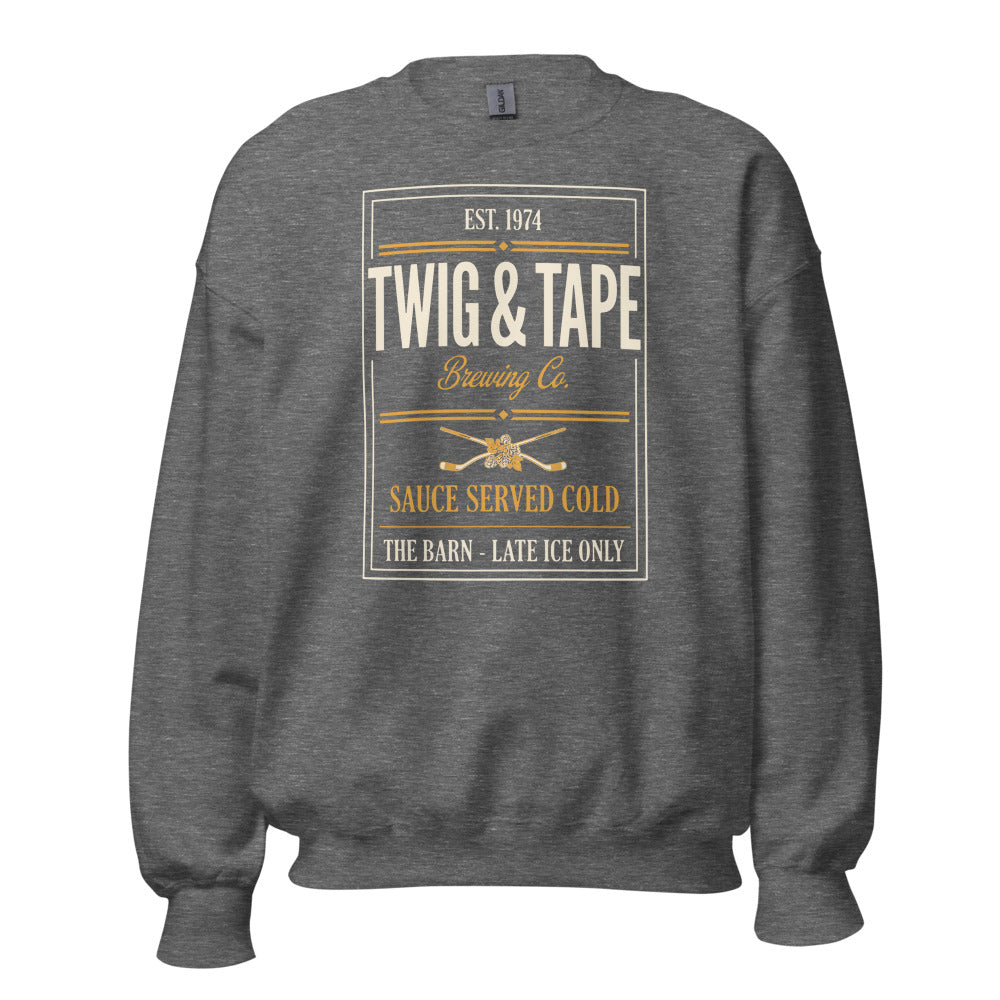 Twig and Tape Brewing Co. beer league hockey crewneck sweatshirt — Graphite Heather, front