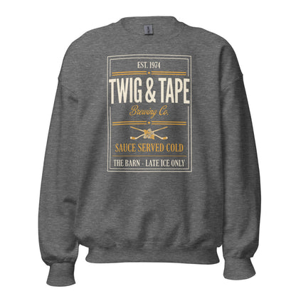 Twig and Tape Brewing Co. beer league hockey crewneck sweatshirt — Graphite Heather, front
