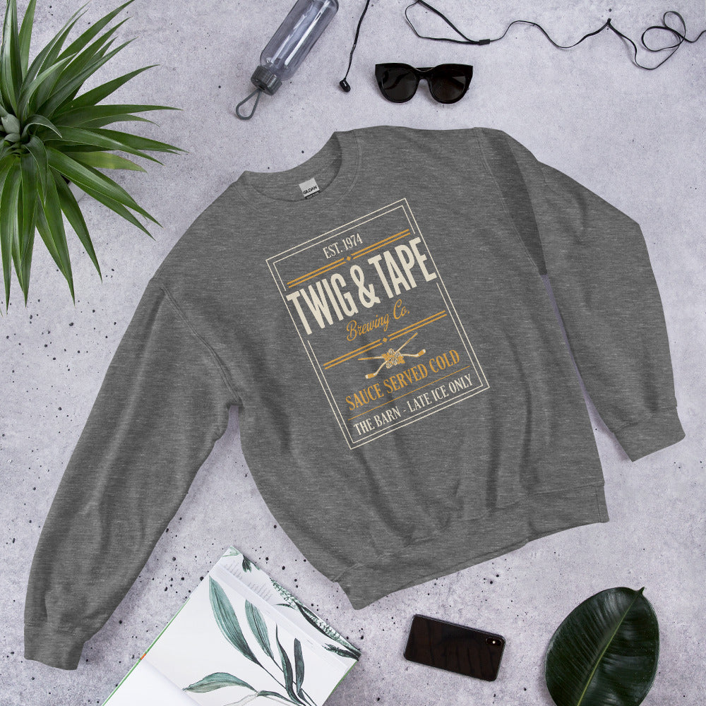 Twig and Tape Brewing Co. beer league hockey crewneck sweatshirt — Graphite Heather, front-right