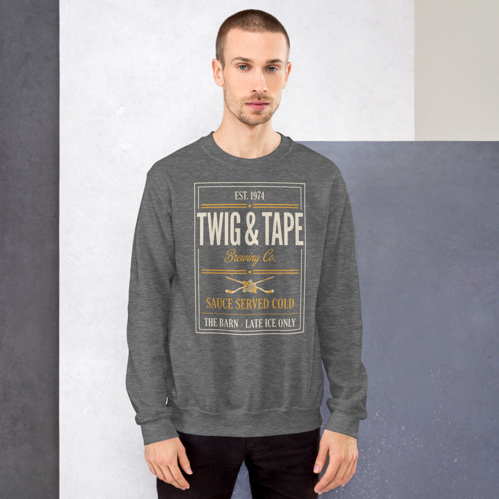 Twig and Tape Brewing Co. beer league hockey crewneck sweatshirt — Graphite Heather, on model