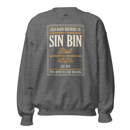Beer League Sin Bin Stout brewery label crewneck sweatshirt — Graphite Heather, front