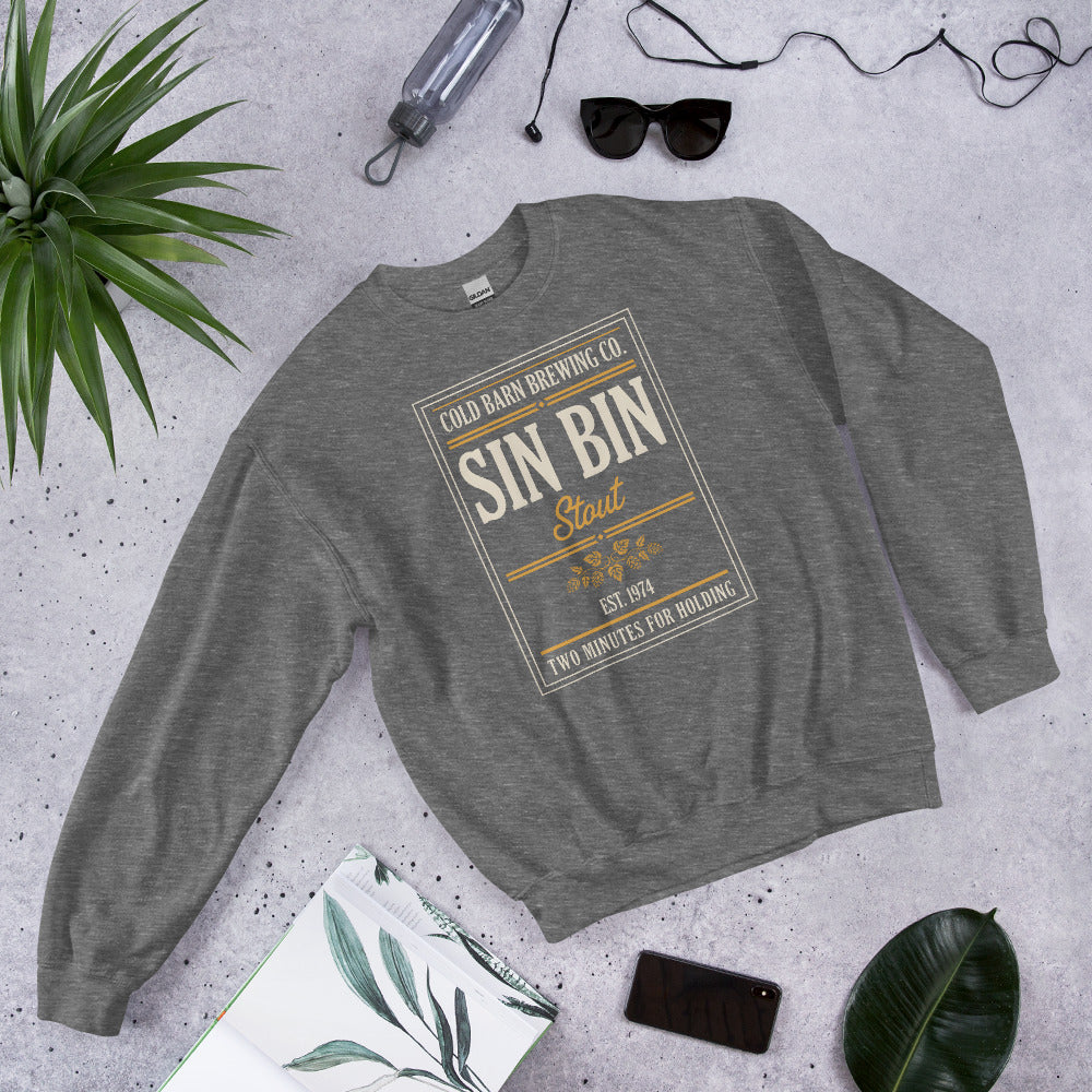 Beer League Sin Bin Stout brewery label crewneck sweatshirt — Graphite Heather, front-right