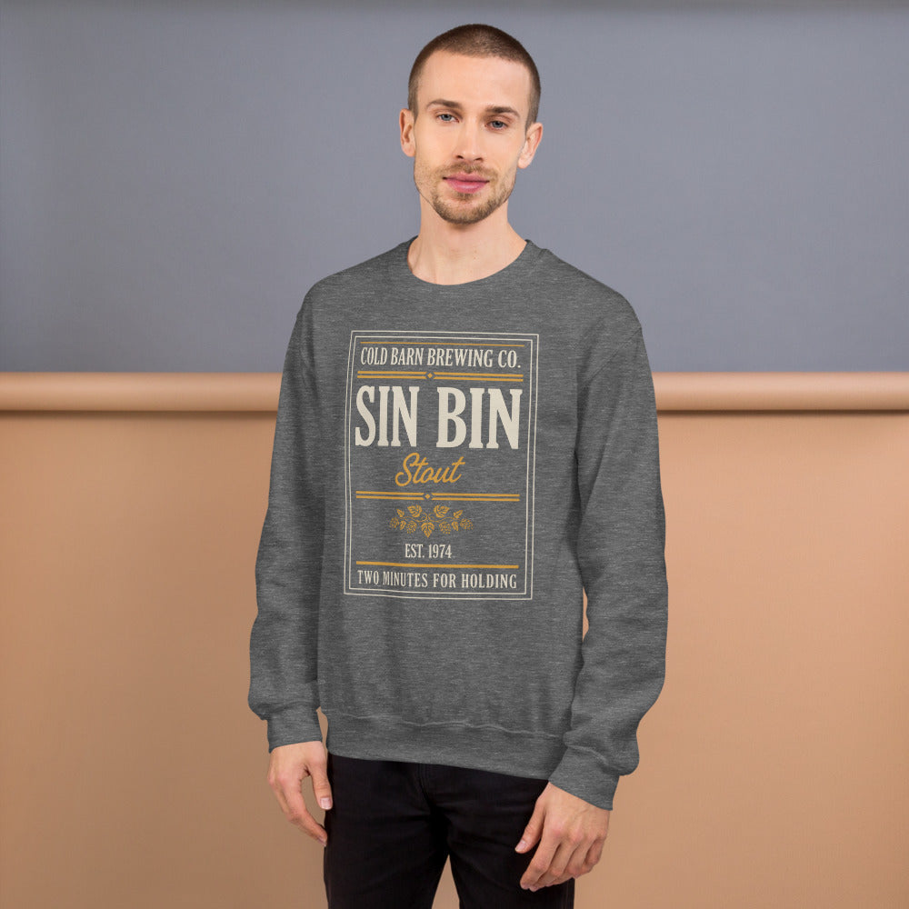 Beer League Sin Bin Stout brewery label crewneck sweatshirt — Graphite Heather, on model