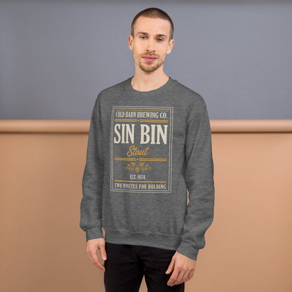 Beer League Sin Bin Stout brewery label crewneck sweatshirt — Graphite Heather, on model