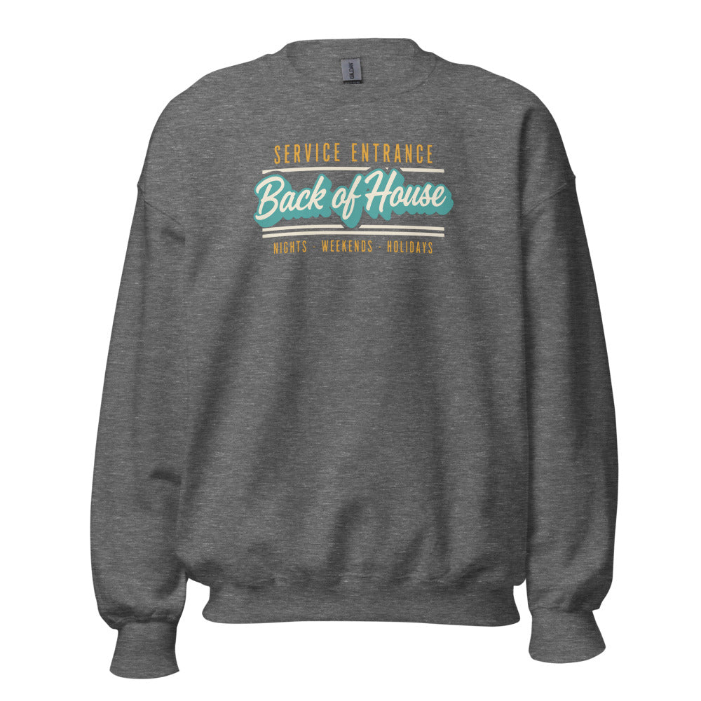 Back of House line cook retro diner service sign crewneck sweatshirt — Graphite Heather, front