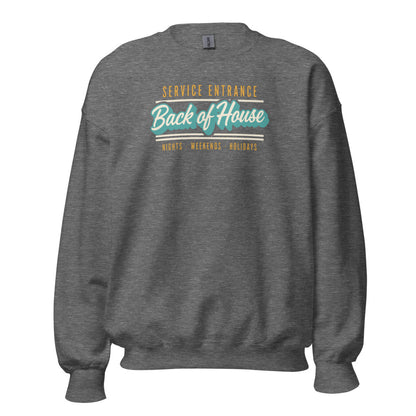 Back of House line cook retro diner service sign crewneck sweatshirt — Graphite Heather, front