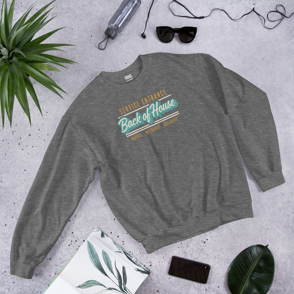 Back of House line cook retro diner service sign crewneck sweatshirt — Graphite Heather, flat lay