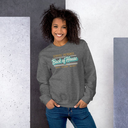 Back of House line cook retro diner service sign crewneck sweatshirt — Graphite Heather, on model
