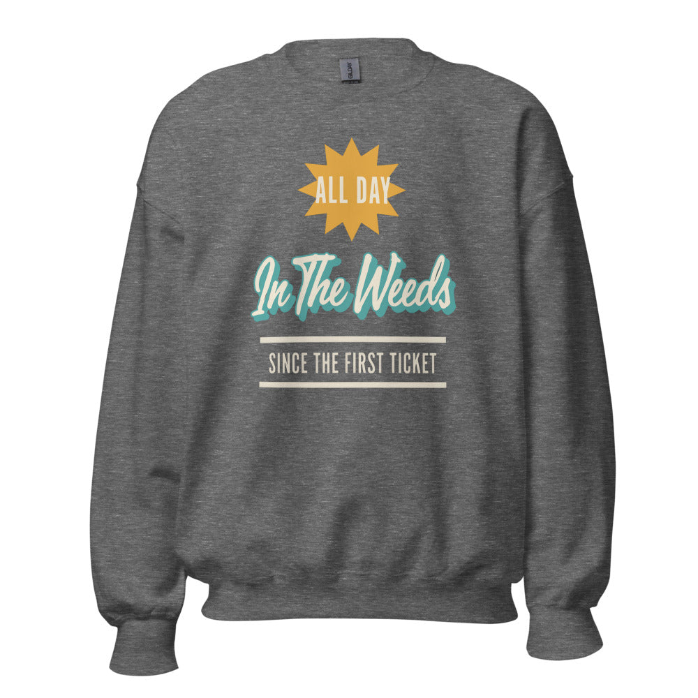 In The Weeds line cook retro diner service sign crewneck sweatshirt — Graphite Heather, front
