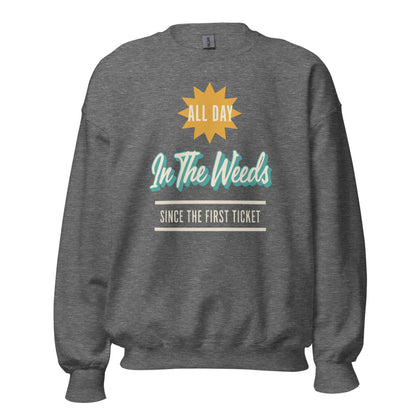 In The Weeds line cook retro diner service sign crewneck sweatshirt — Graphite Heather, front