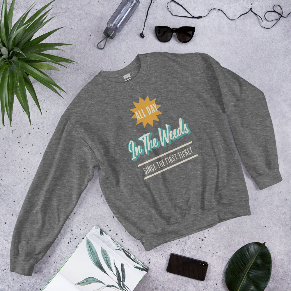 In The Weeds line cook retro diner service sign crewneck sweatshirt — Graphite Heather, flat lay