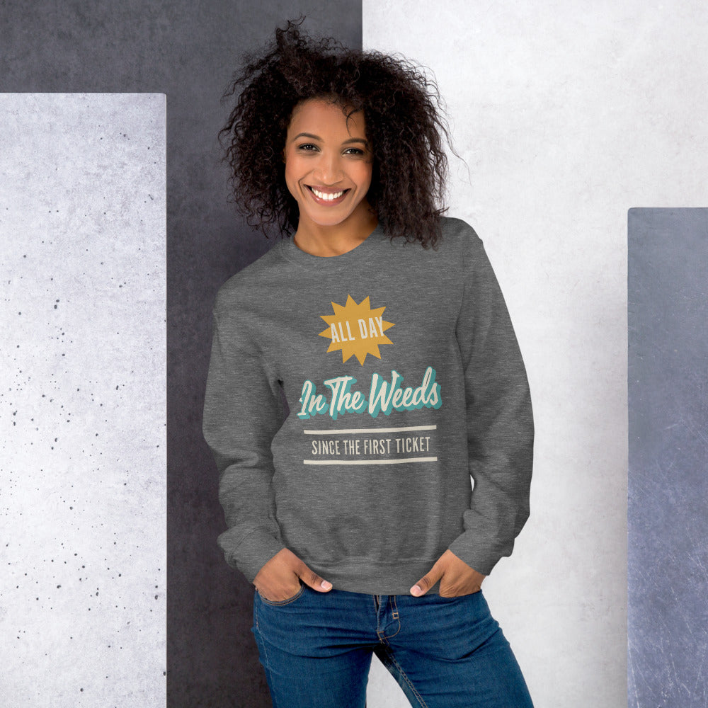 In The Weeds line cook retro diner service sign crewneck sweatshirt — Graphite Heather, on model