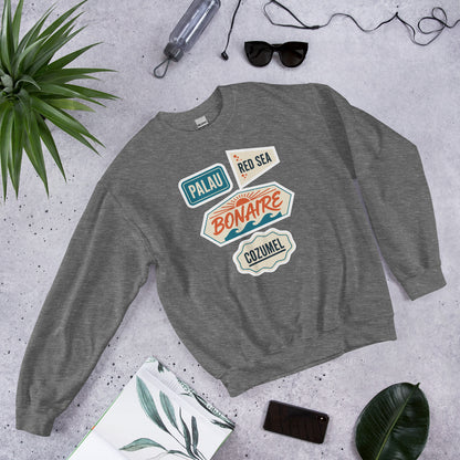 Vintage scuba diving dive sites travel decal sweatshirt — Graphite Heather, flat lay