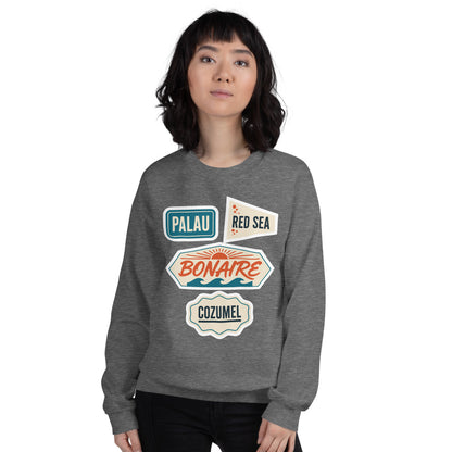 Vintage scuba diving dive sites travel decal sweatshirt — Graphite Heather, on model