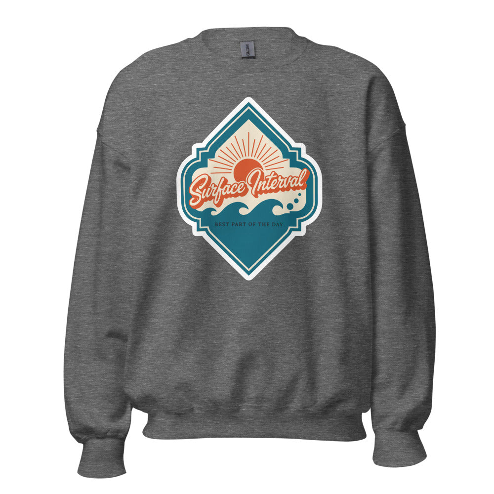 Surface Interval vintage scuba diving travel decal sweatshirt — Graphite Heather, front
