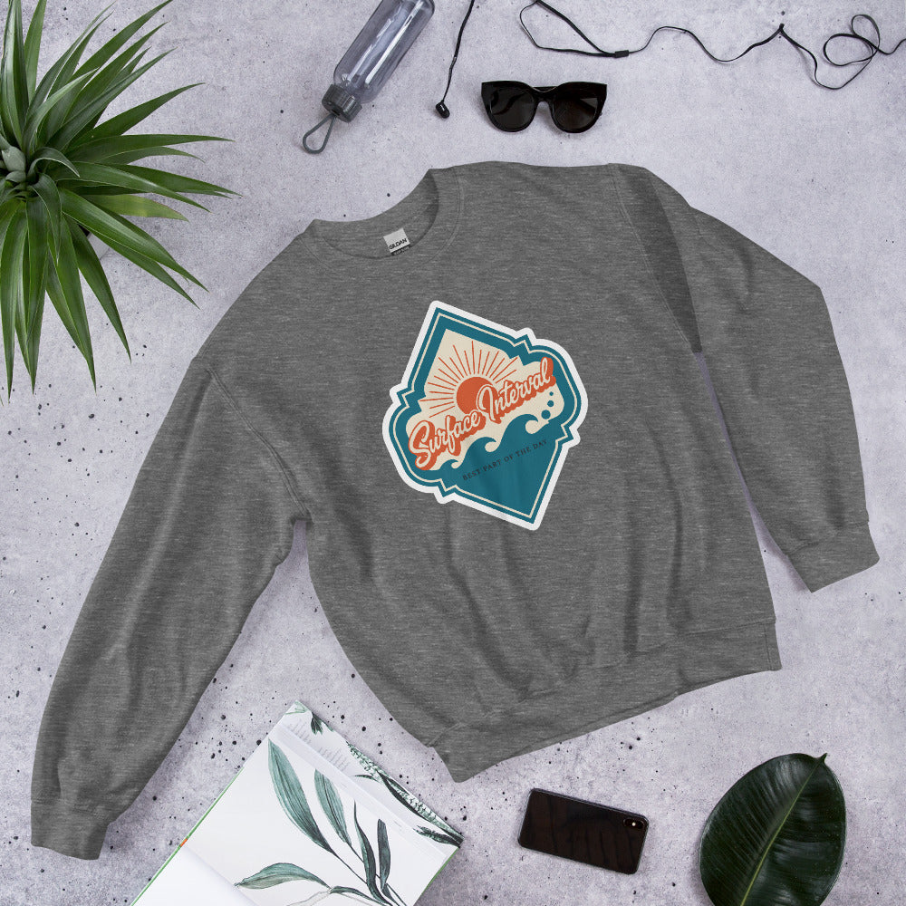 Surface Interval vintage scuba diving travel decal sweatshirt — Graphite Heather, flat lay