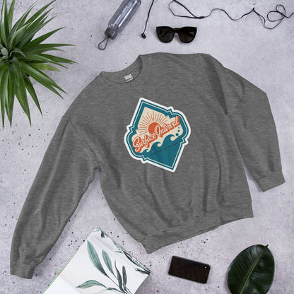 Surface Interval vintage scuba diving travel decal sweatshirt — Graphite Heather, flat lay