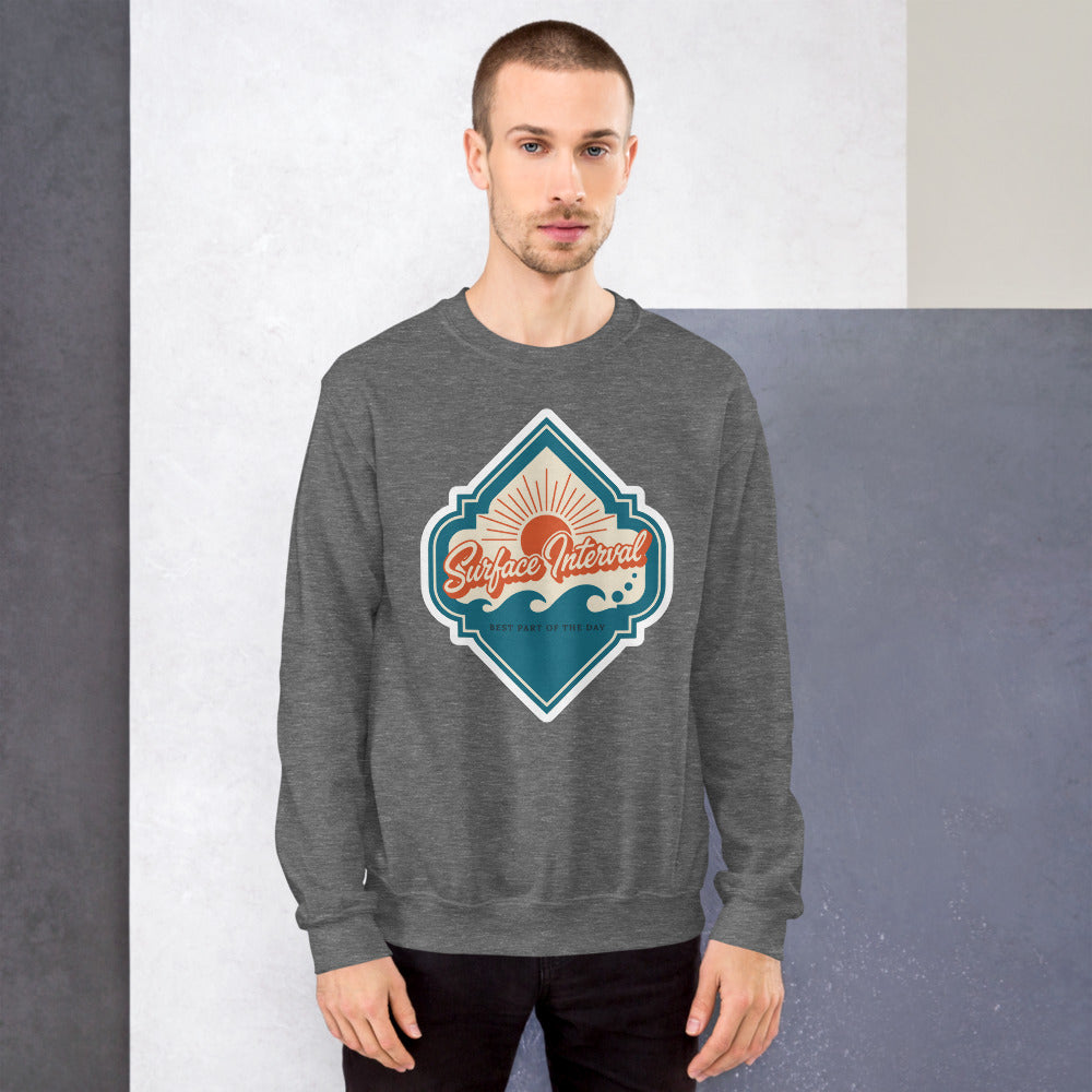 Surface Interval vintage scuba diving travel decal sweatshirt — Graphite Heather, on model