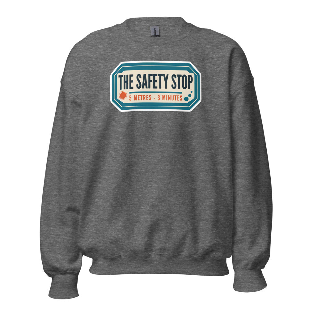 The Safety Stop vintage scuba diving travel decal sweatshirt — Graphite Heather, front