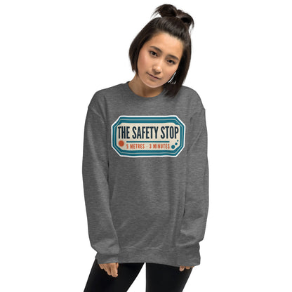 The Safety Stop vintage scuba diving travel decal sweatshirt — Graphite Heather, on model