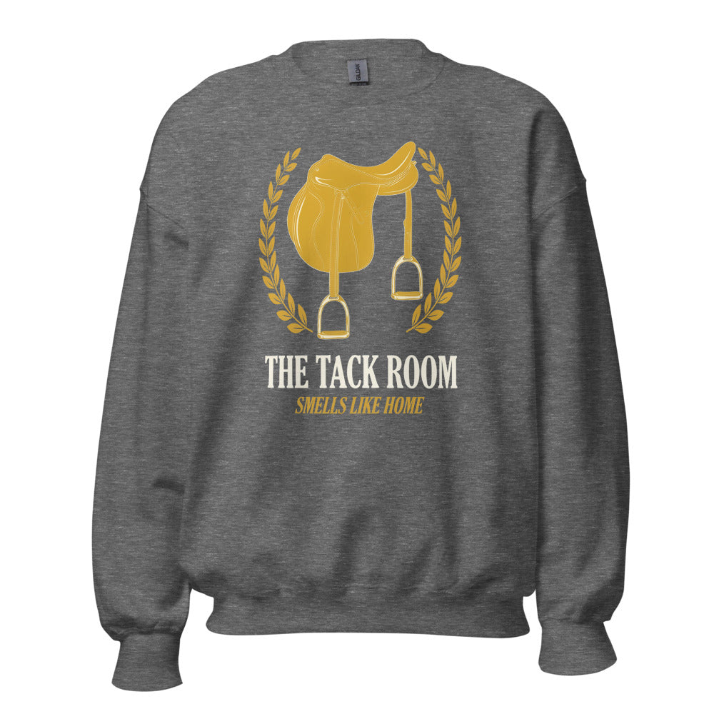 The Tack Room engraved equestrian saddle crest crewneck sweatshirt — Graphite Heather, front