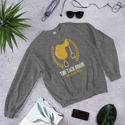 The Tack Room engraved equestrian saddle crest crewneck sweatshirt — Graphite Heather, flat lay