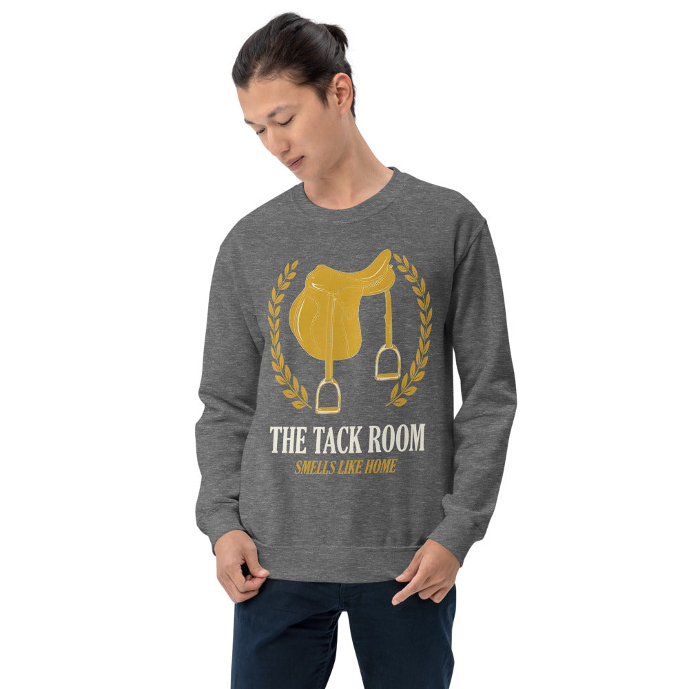 The Tack Room engraved equestrian saddle crest crewneck sweatshirt — Graphite Heather, on model