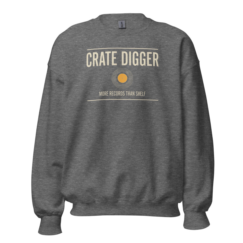 Crate Digger vinyl record crewneck sweatshirt — Graphite Heather, front
