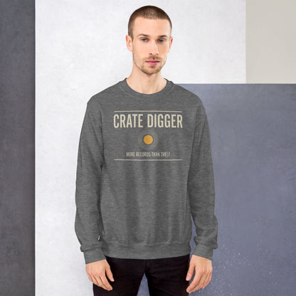 Crate Digger vinyl record crewneck sweatshirt — Graphite Heather, on model