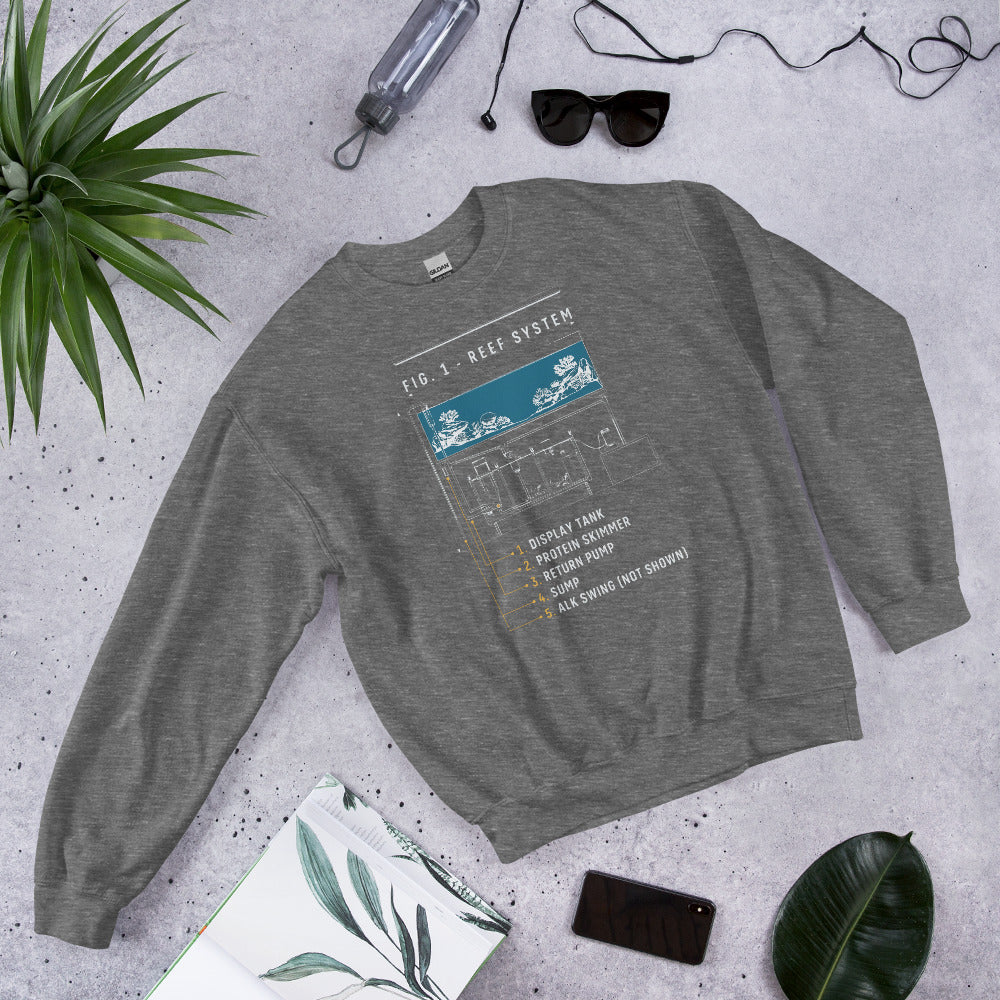 Reef System technical cutaway saltwater aquarium crewneck sweatshirt — Graphite Heather, flat lay