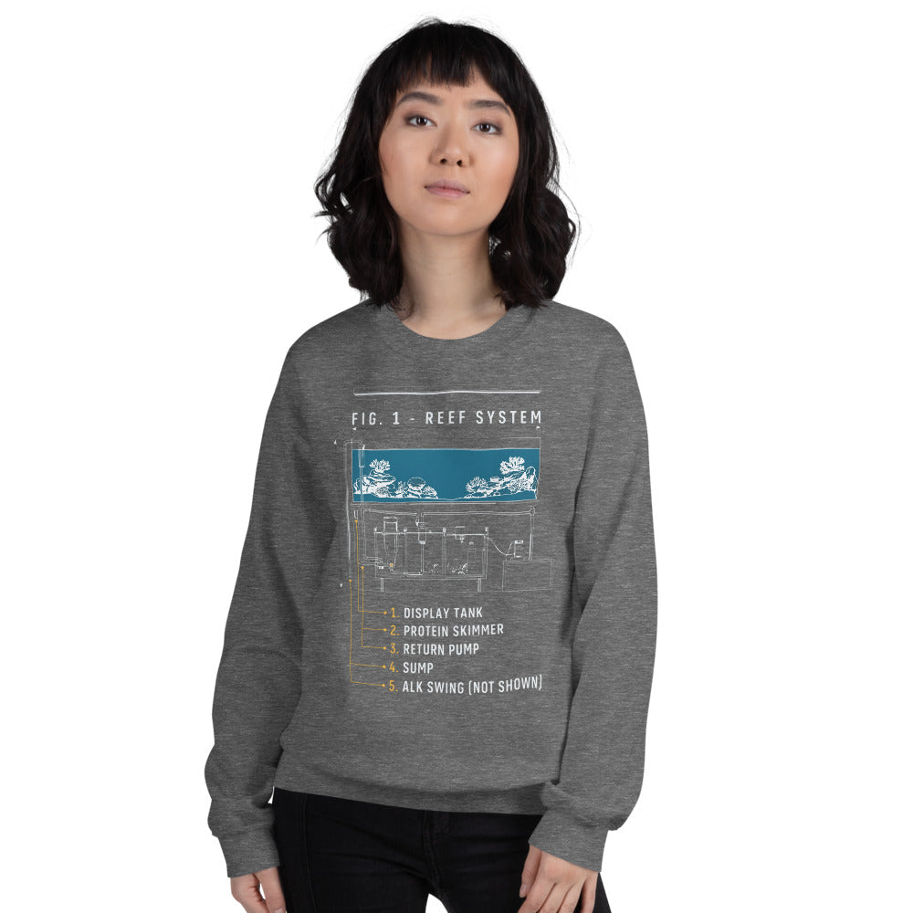 Reef System technical cutaway saltwater aquarium crewneck sweatshirt — Graphite Heather, on model