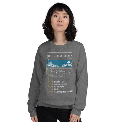 Reef System technical cutaway saltwater aquarium crewneck sweatshirt — Graphite Heather, on model