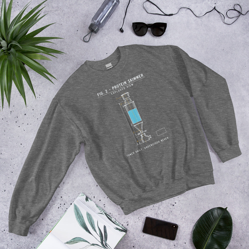 Protein Skimmer Exploded View reef tank saltwater aquarium crewneck sweatshirt — Graphite Heather, flat lay