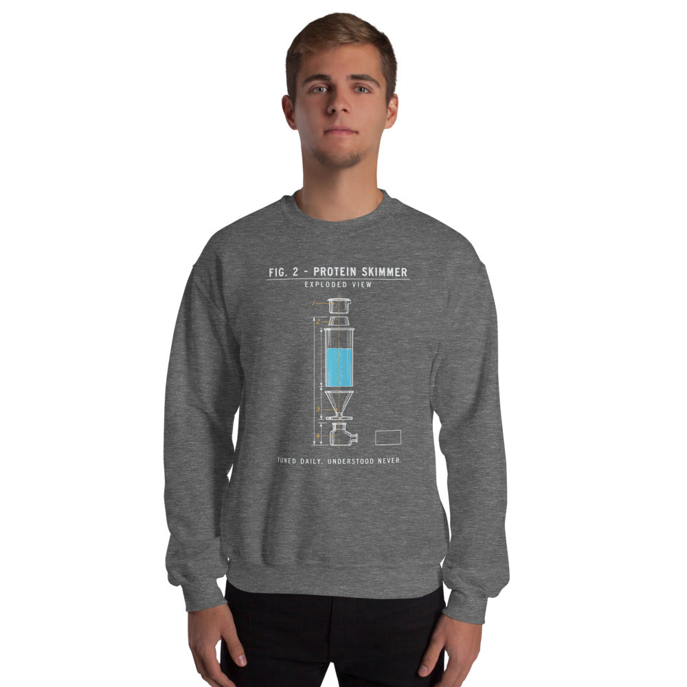 Protein Skimmer Exploded View reef tank saltwater aquarium crewneck sweatshirt — Graphite Heather, on model