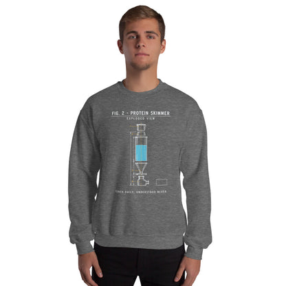 Protein Skimmer Exploded View reef tank saltwater aquarium crewneck sweatshirt — Graphite Heather, on model