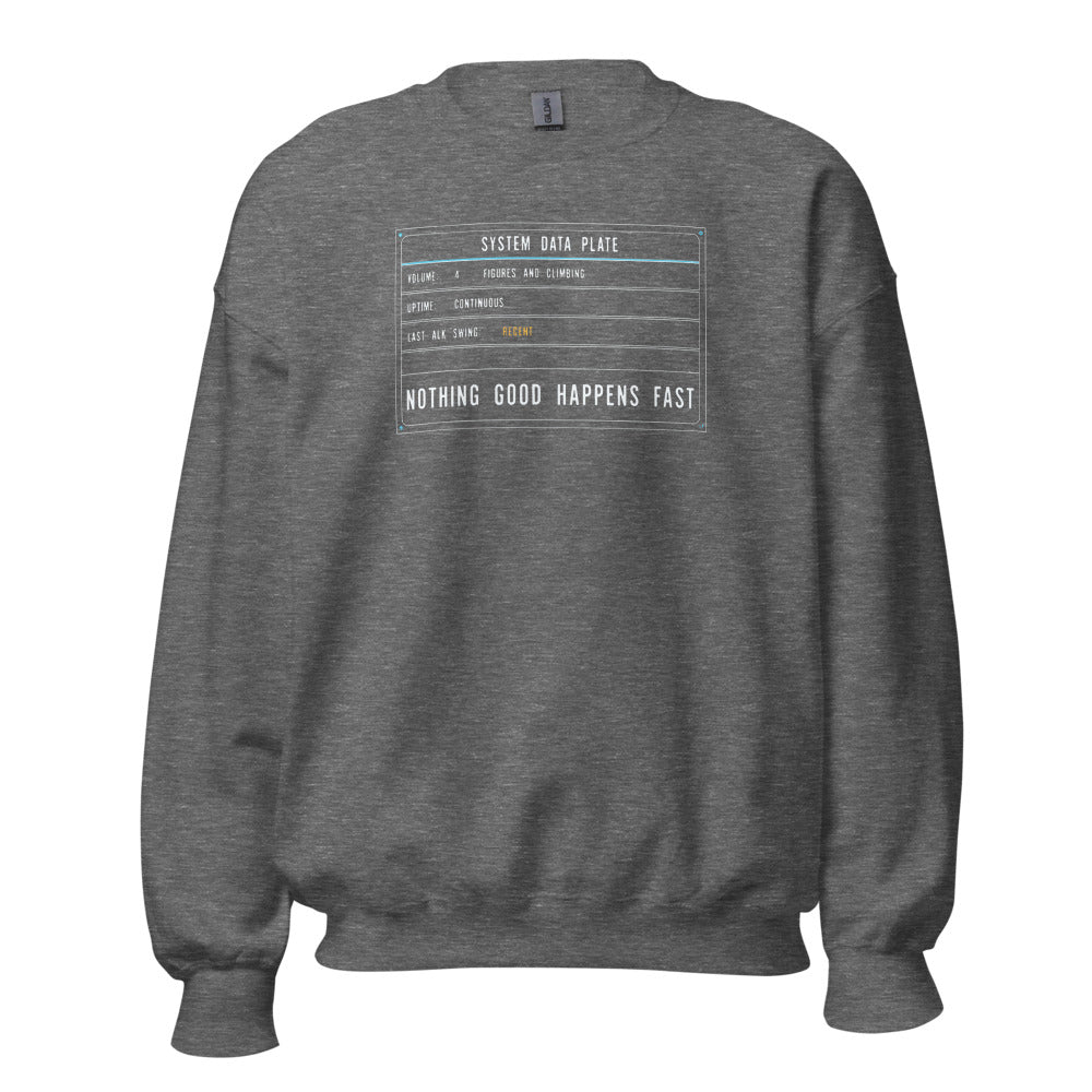 Nothing Good Happens Fast reef system data plate saltwater aquarium crewneck sweatshirt — Graphite Heather, front