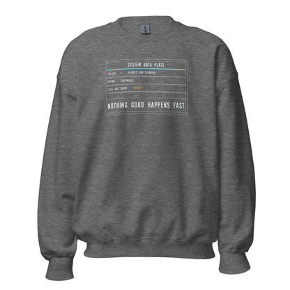 Nothing Good Happens Fast reef system data plate saltwater aquarium crewneck sweatshirt — Graphite Heather, front