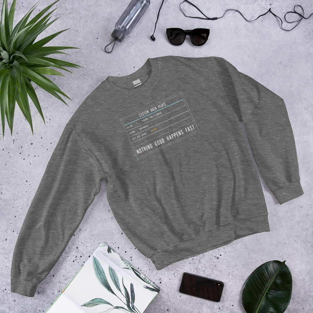 Nothing Good Happens Fast reef system data plate saltwater aquarium crewneck sweatshirt — Graphite Heather, flat lay