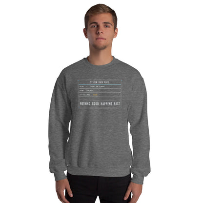 Nothing Good Happens Fast reef system data plate saltwater aquarium crewneck sweatshirt — Graphite Heather, on model