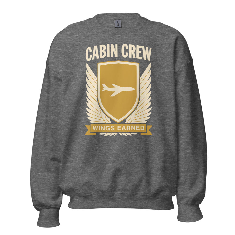 Wings Earned flight attendant crewneck sweatshirt — Graphite Heather, front