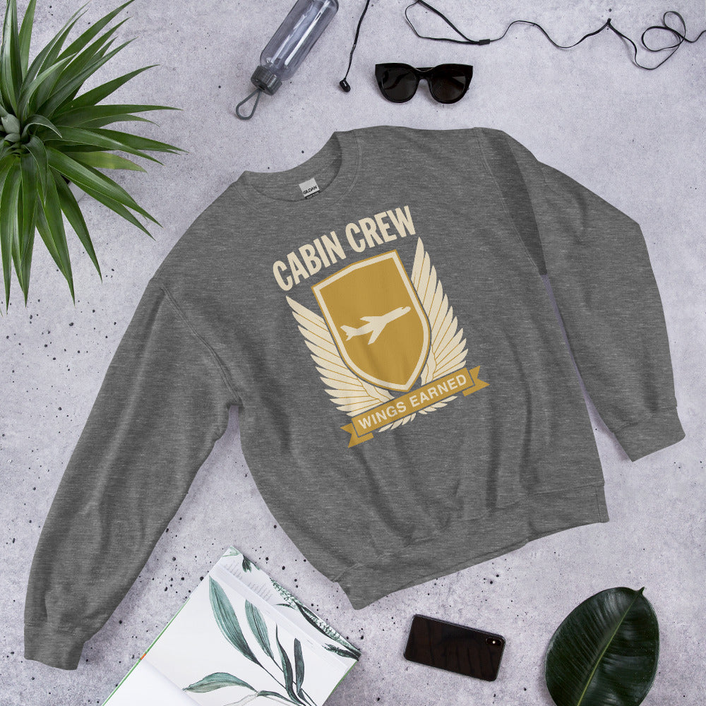 Wings Earned flight attendant crewneck sweatshirt — Graphite Heather, flat lay