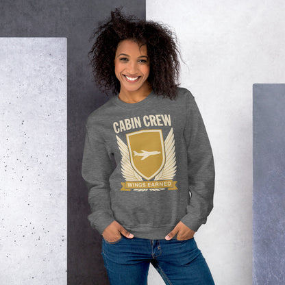 Wings Earned flight attendant crewneck sweatshirt — Graphite Heather, on model