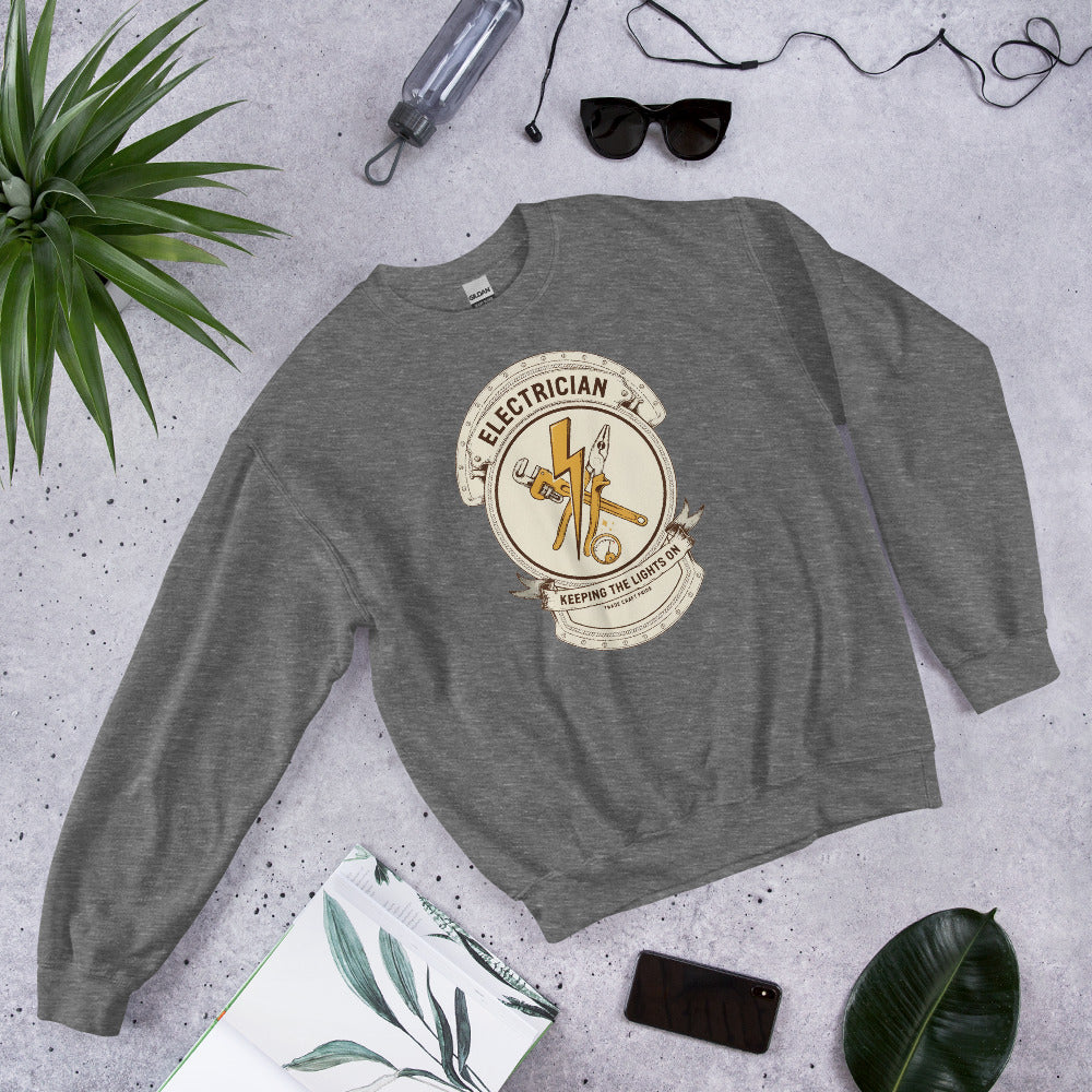 Electrician Journeyman trade crest crewneck — Graphite Heather, flat lay