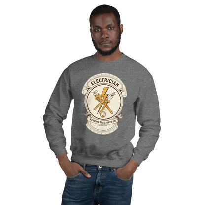 Electrician Journeyman trade crest crewneck — Graphite Heather, on model