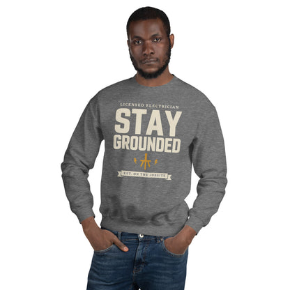 Stay Grounded funny electrician crewneck — Graphite Heather, on model