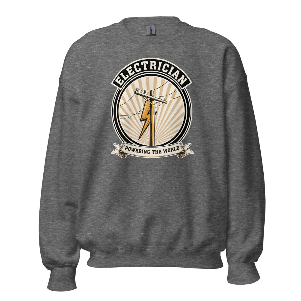 Powering The World electrician emblem crewneck — Graphite Heather, front