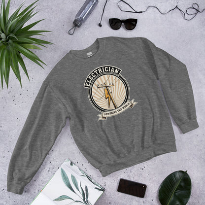 Powering The World electrician emblem crewneck — Graphite Heather, flat lay
